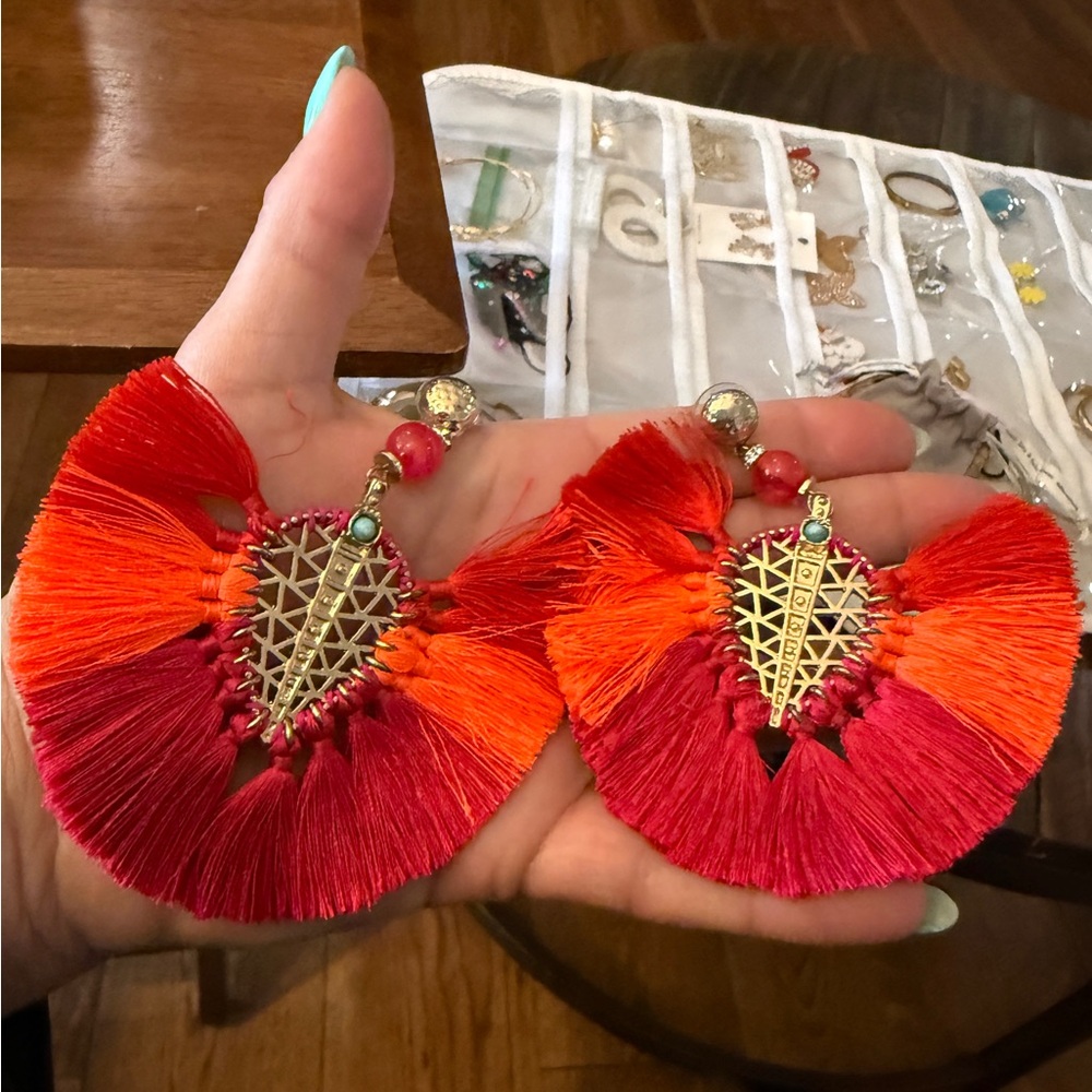 Vibrant Neon Huge Red and Orange Tassel Earrings